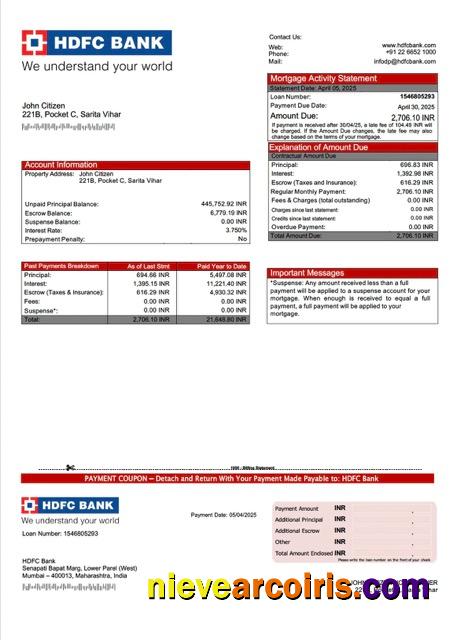 India HDFC Bank mortgage statement Word and PDF template